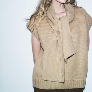 Zara Tan V-Neck Sweater with Removable Scarf - NWT